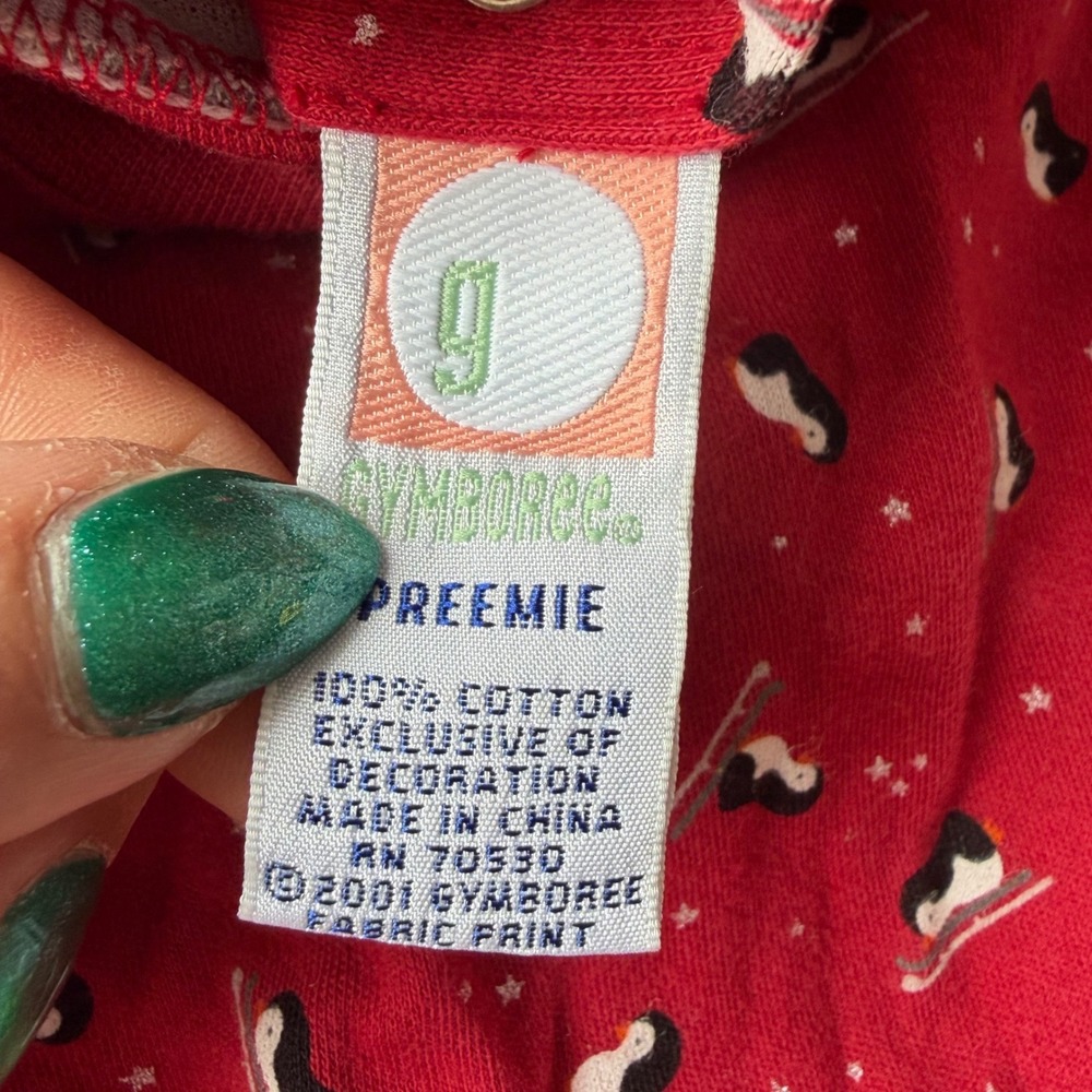 Vintage 2001 Gymboree Red Penguin Skiing Romper One Piece Preemie Cotton Star - Picture 3 of 3